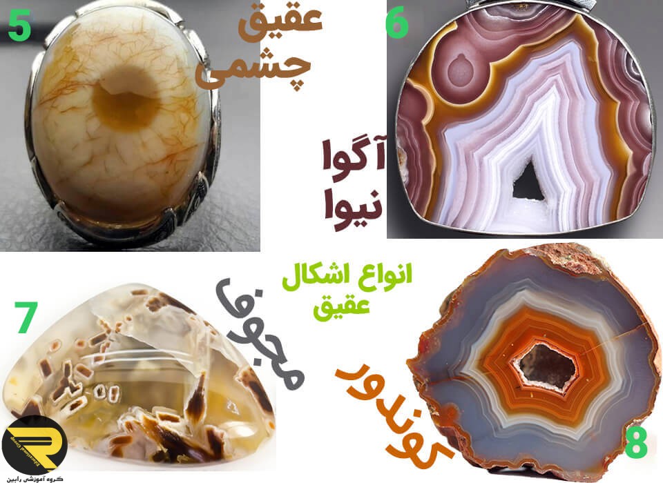 عقیق چشمی (Eye Agate) عقیق آگوا نیوا (Agua nueva Agate) عقیق مجوف(Tubular Agate) عقیق کوندور (Condor Agate)